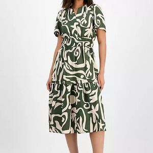 Signature Robbie Bee Printed Smocked Waist Midi Olive Green Dress Womens Size M